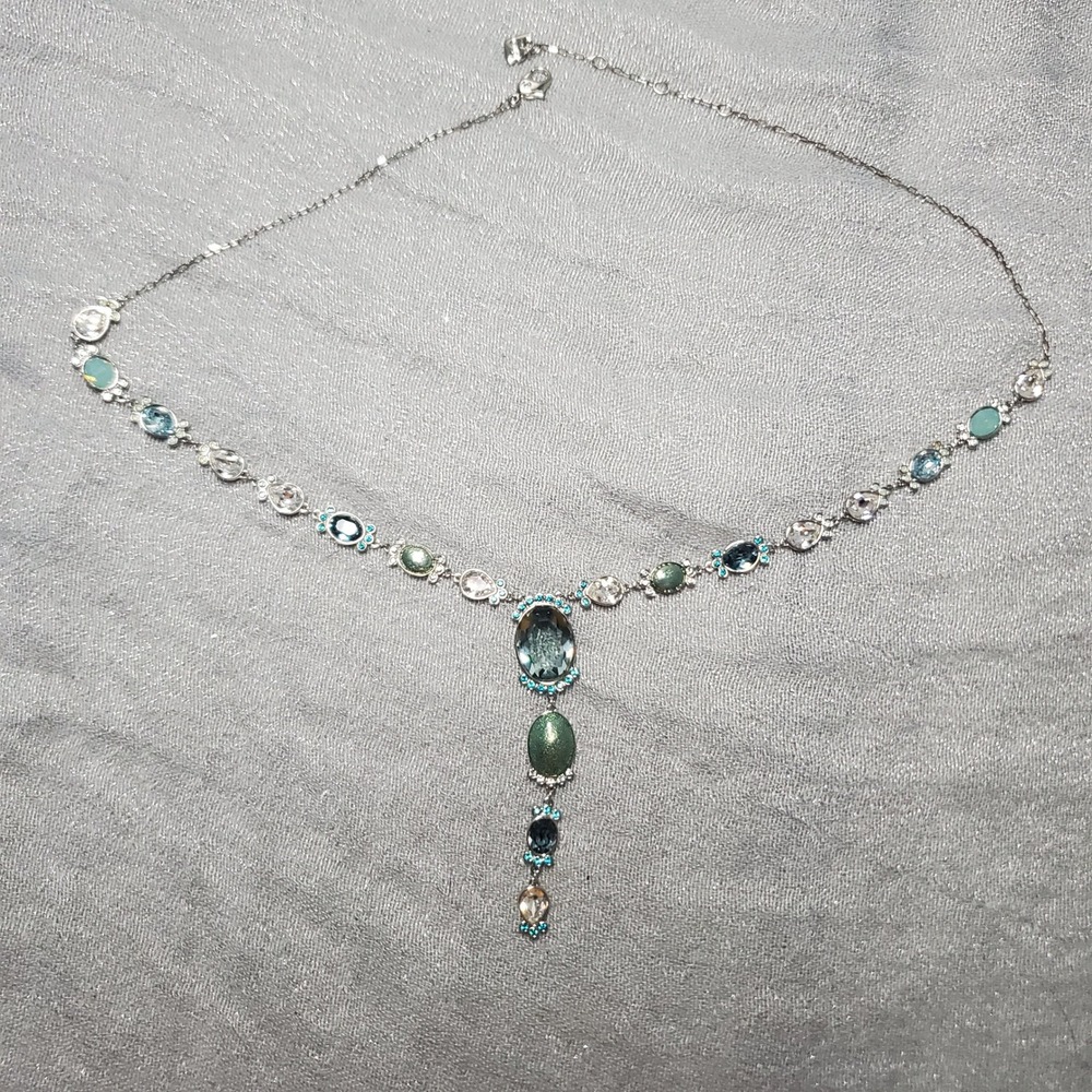 Swarovski Crystal Nocturne Long‎ Green Blue Clear Stones Silver Tone Swan Logo - Picture 2 of 11